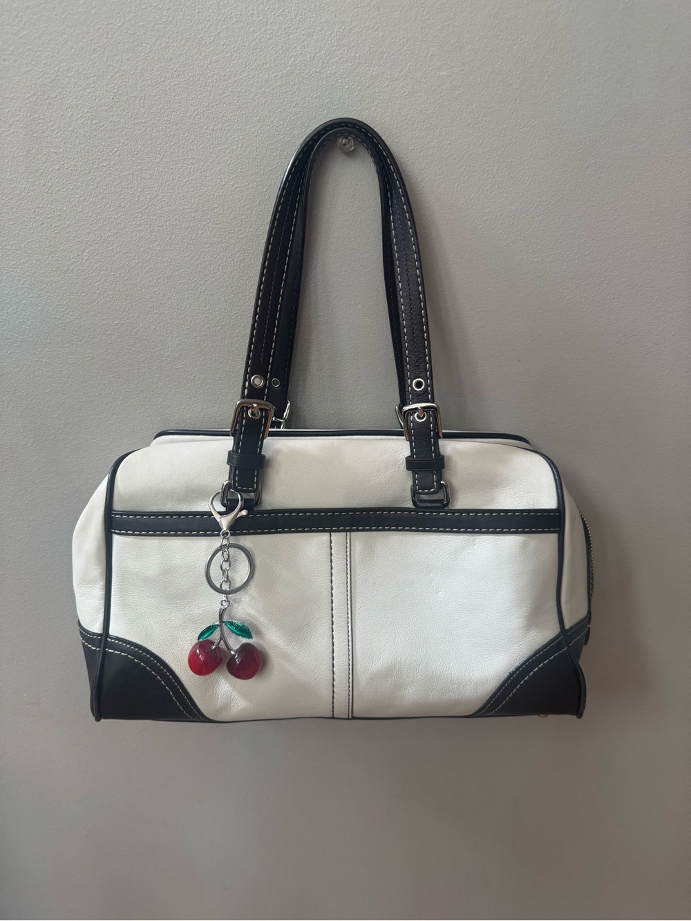 Coach Hampton White and Dark Brown Two-Tone Women's Satchel with Charm or Scarf